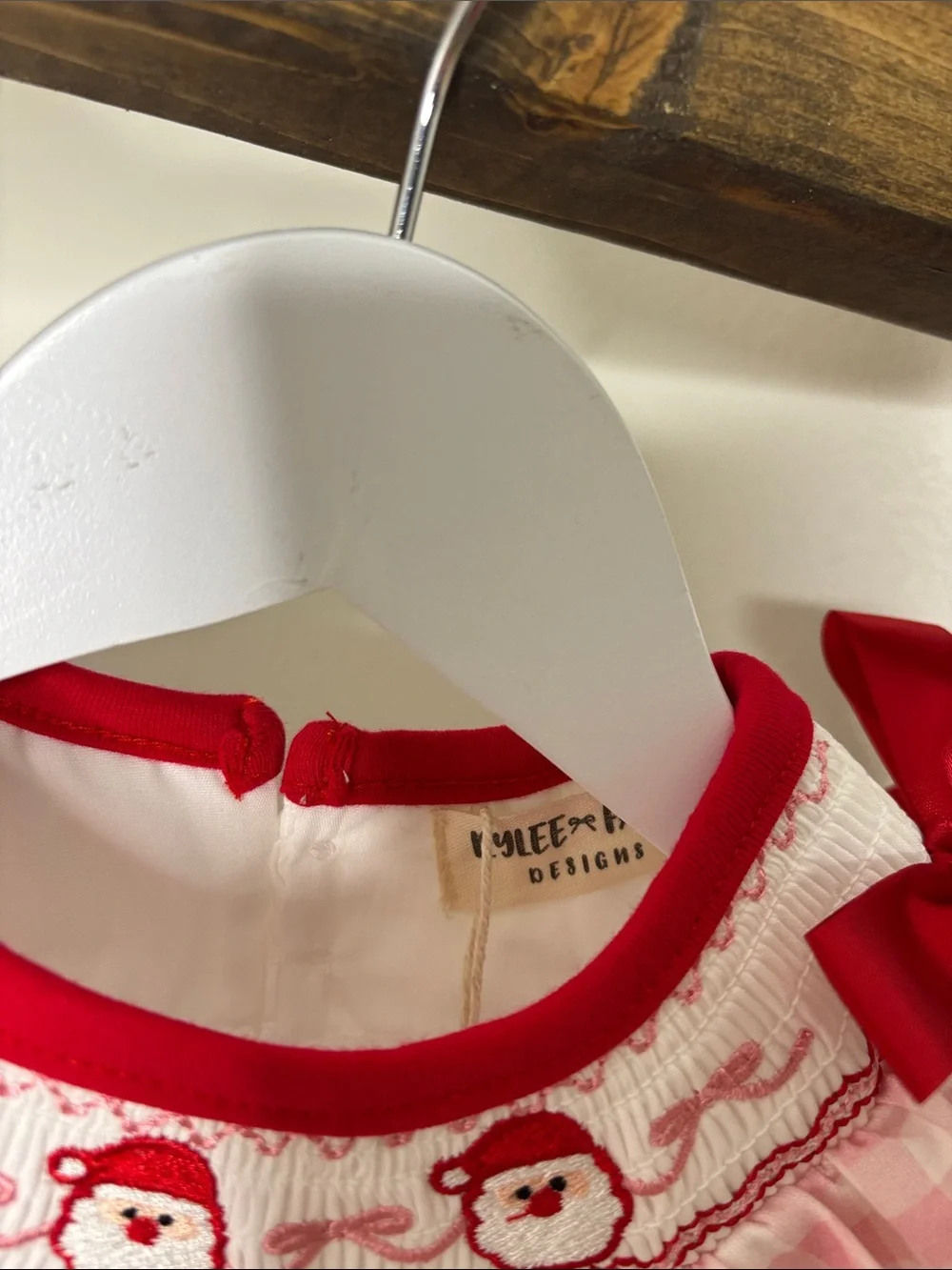 Christmas Santa Pink and Red Bows Gingham Smocked Baby One-Piece Size 3M